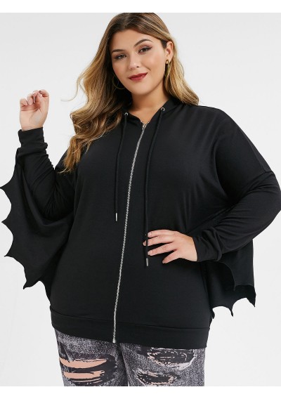 Plus Size Zip Front Batwing Sleeve Hoodie - Black L