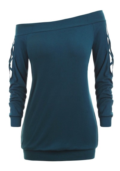 Off The Shoulder Plus Size Lattice Cutout Sweatshirt - Greenish Blue M