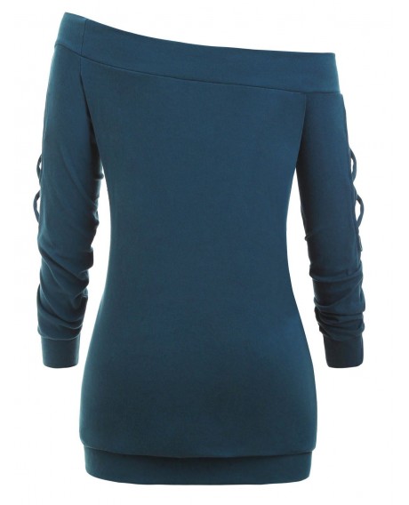 Off The Shoulder Plus Size Lattice Cutout Sweatshirt - Greenish Blue M