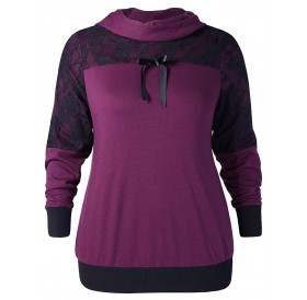 Plus Size Flower Lace Two Tone Hoodie - Dark Orchid 2x