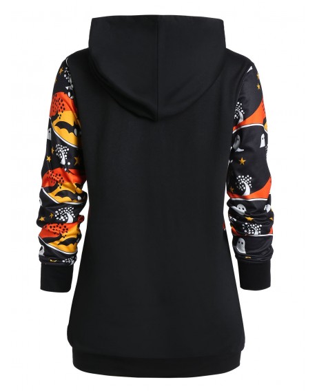 Plus Size Bat Print Tunic Long Sleeve Hoodie - Black L