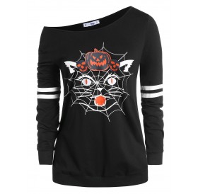 Plus Size Halloween Skew Neck Pumpkin Spider Web Print Sweatshirt - Black L