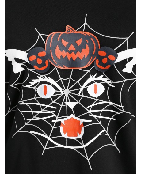 Plus Size Halloween Skew Neck Pumpkin Spider Web Print Sweatshirt - Black L