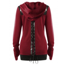 Plus Size Lace Up Contrast Trim Zip Up Hoodie - Red Wine 4x