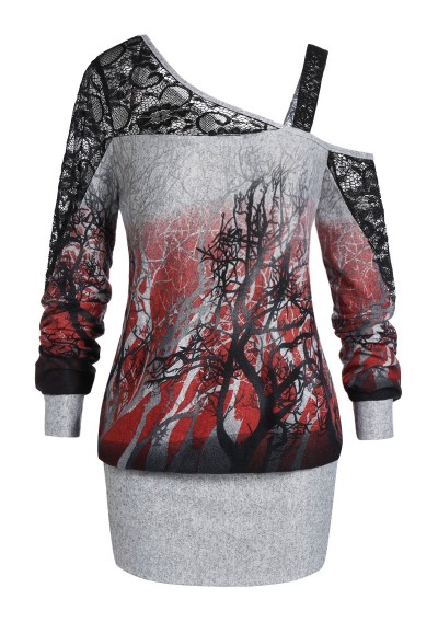 Plus Size Halloween Skew Neck Tree Print Ombre Blouson Sweatshirt - Dark Slate Grey L