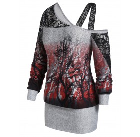 Plus Size Halloween Skew Neck Tree Print Ombre Blouson Sweatshirt - Dark Slate Grey L