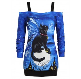 Castle Halloween Cat Open Shoulder Plus Size Sweatshirt - Multi-a 1x