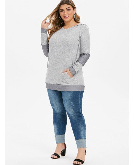 Front Pocket Knit Plus Size Hoodie - Gray M