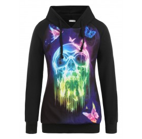 Plus Size Halloween Skull and Butterfly Print Pullover Hoodie - Black L