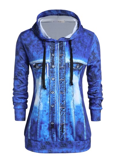 Plus Size 3D Faux Denim Jacket Print Pullover Hoodie - Silk Blue L