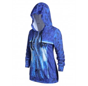 Plus Size 3D Faux Denim Jacket Print Pullover Hoodie - Silk Blue L