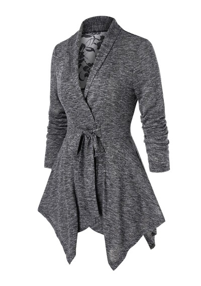 Plus Size Long Sleeve Marled Lace Insert Coat - Gray Cloud L