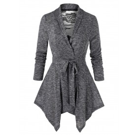 Plus Size Long Sleeve Marled Lace Insert Coat - Gray Cloud L