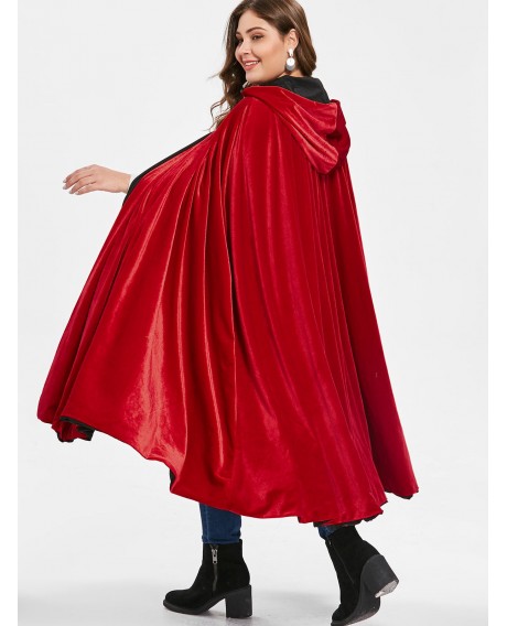 Plus Size Hooded Cape Coat - Lava Red One Size