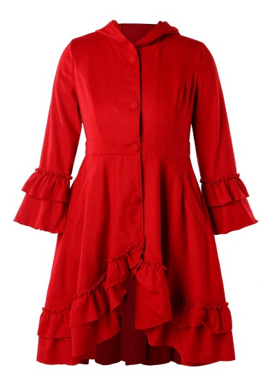 Ruffles Plus Size Hooded Coat - Red 4x