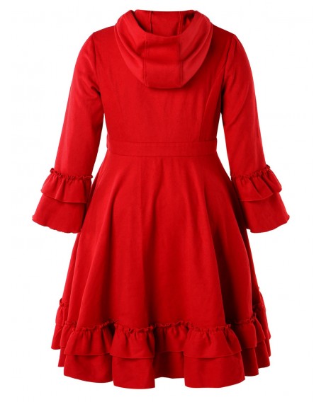 Ruffles Plus Size Hooded Coat - Red 4x
