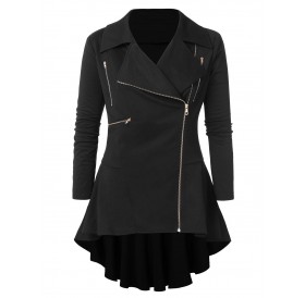 Lapel Neck Plus Size Zipper Embellished Coat - Black L