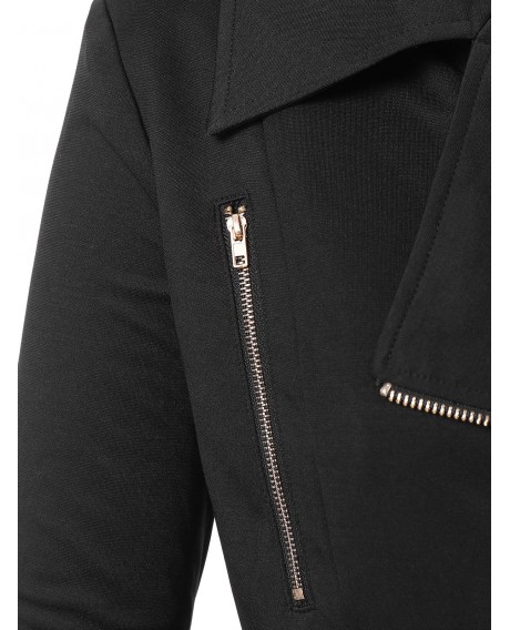 Lapel Neck Plus Size Zipper Embellished Coat - Black L