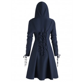 Lace Up Skirted Hooded Pullover Plus Size Coat - Cadetblue L