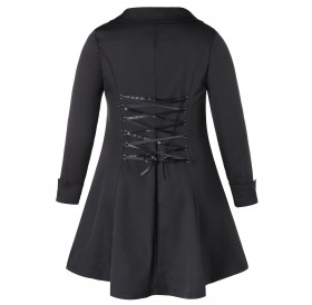 Plus Size Solid Color Lace Up Flare Coat - Black L