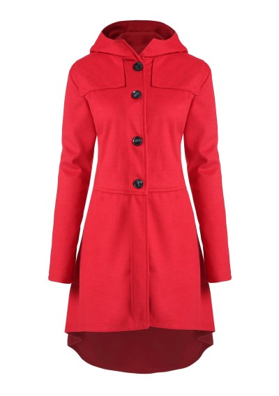 Plus Size Asymmetric Button Fly Hooded Coat - Red 2x