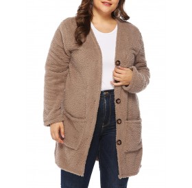 Plus Size Button Up Pockets Faux Fur Coat - Tan 2x