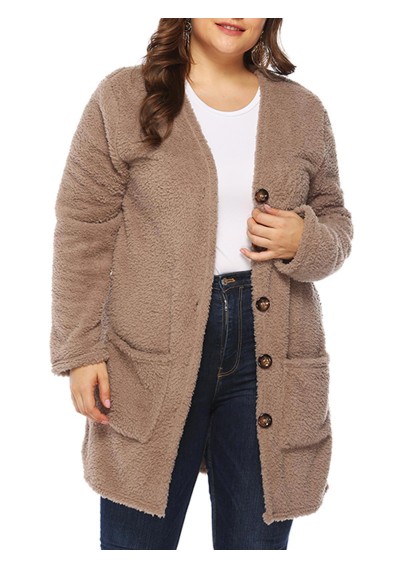 Plus Size Button Up Pockets Faux Fur Coat - Tan 2x