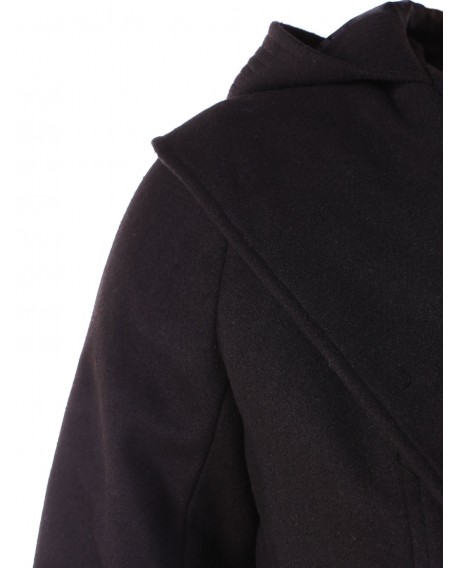 Plus Size Hooded Belt Wool Coat - Black L