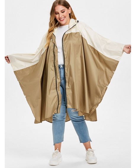Plus Size Two Tone Zip Up Raincoat - Khaki One Size