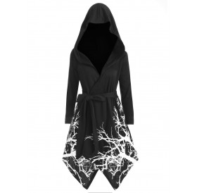 Plus Size Hooded Tree Print Halloween Coat - Black 2x