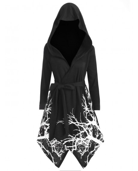 Plus Size Hooded Tree Print Halloween Coat - Black 2x