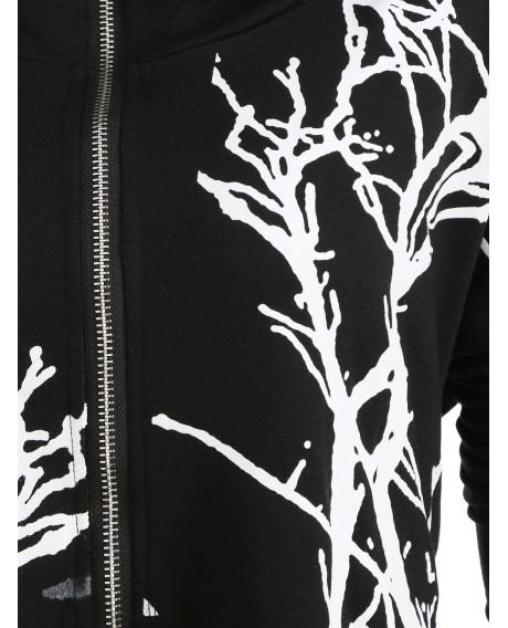 Plus Size Hooded Tree Print High Low Halloween Coat - Black 1x