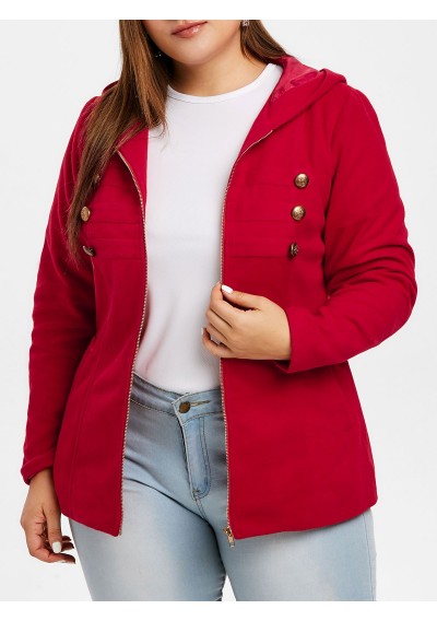 Plus Size Zipper Fly Hooded Coat with Buttons - Red L