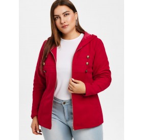 Plus Size Zipper Fly Hooded Coat with Buttons - Red L