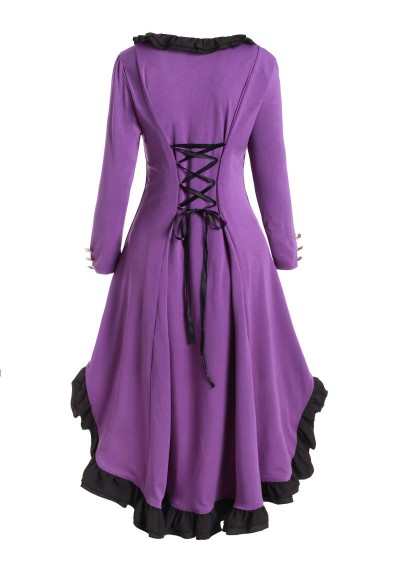 Plus Size Vintage Ruffled Lace Up Long Coat - Purple Flower L