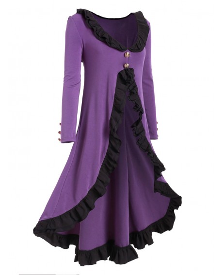 Plus Size Vintage Ruffled Lace Up Long Coat - Purple Flower L