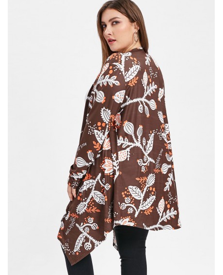 Plus Size Open Front Printed Coat - Brown 2x