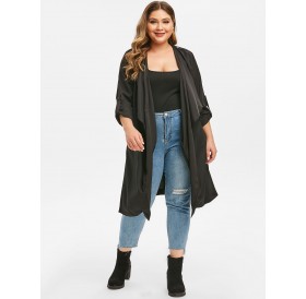Plus Size Open Front Roll Tab Sleeve Trench Coat - Black M