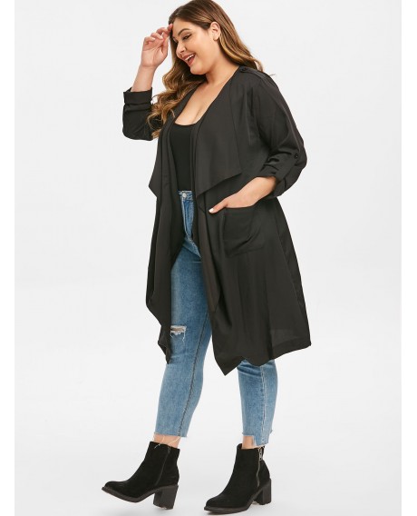 Plus Size Open Front Roll Tab Sleeve Trench Coat - Black M