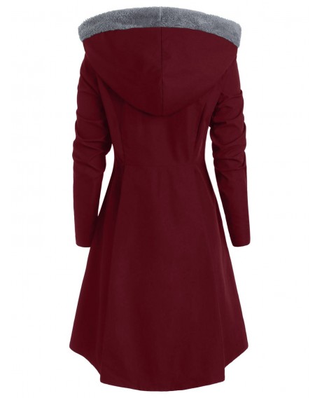 Plus Size Asymmetric Contrast Hooded Skirted Coat - Red Wine L