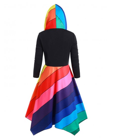 Plus Size Hooded Rainbow Striped Coat - Black L
