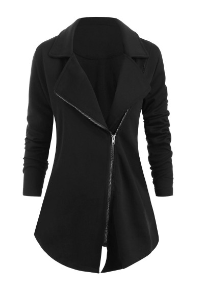 Plus Size Notch Lapel Zip Up Asymmetrical Coat - Black L