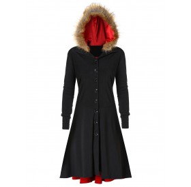 Plus Size Lace Up Single Breasted Fuzzy Hooded Coat - Black 1x