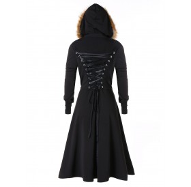 Plus Size Lace Up Single Breasted Fuzzy Hooded Coat - Black 1x