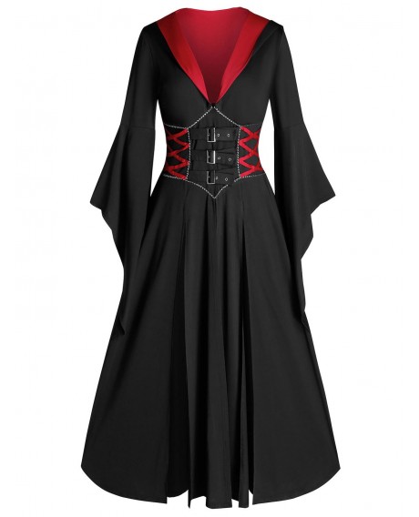Plus Size Halloween Hooded Bell Sleeve Slit Buckle Gothic Coat -  L