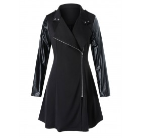 Plus Size PU Leather Panel Mixed-media Zip Up Coat - Black L