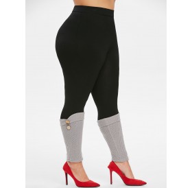 Plus Size High Rise Leggings with Button Embellished Boot Cuffs - Black L
