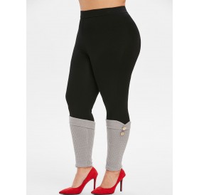 Plus Size High Rise Leggings with Button Embellished Boot Cuffs - Black L