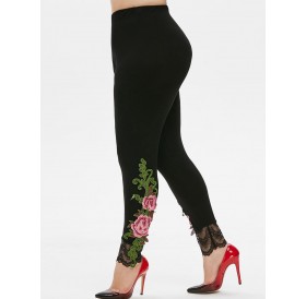 Floral Embroidered Patched High Waisted Plus Size Leggings - Black L