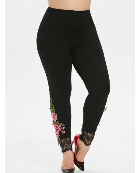 Floral Embroidered Patched High Waisted Plus Size Leggings - Black L